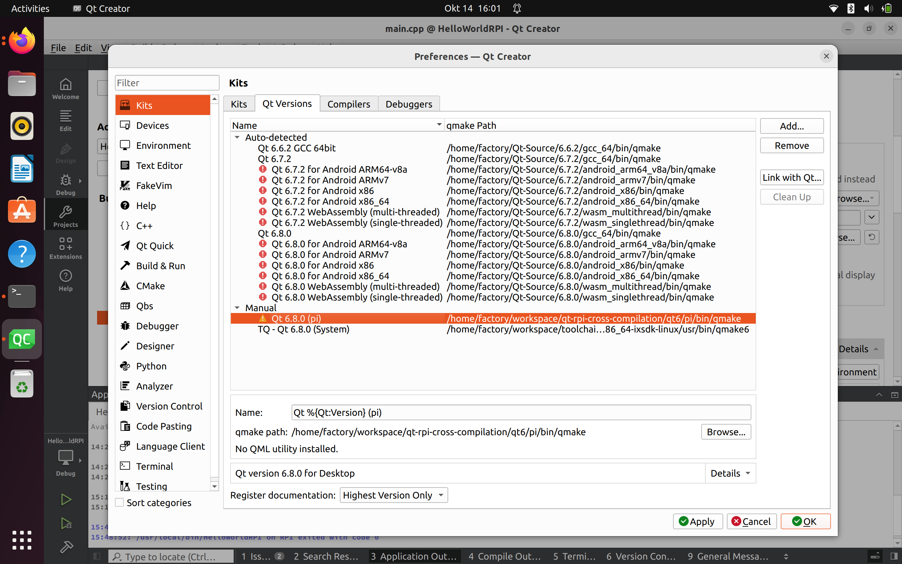 Qt 6.8 Cross-Compilation for Raspberry Pi une capture d'écran d'un ordinateur