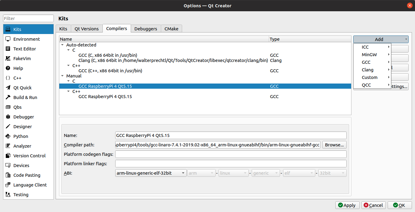 Logiciel embarqué Raspberry Pi - Configurer Qt Creator sur Ubuntu 20 LTS pour la compilation croisée d’une capture d’écran d’un ordinateur