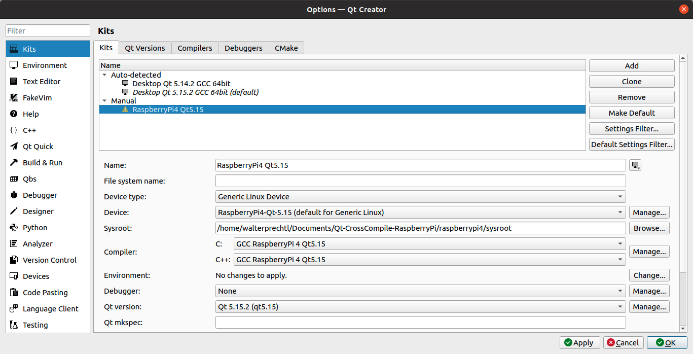 Logiciel embarqué Raspberry Pi - Configurer Qt Creator sur Ubuntu 20 LTS pour la compilation croisée d’une capture d’écran d’un ordinateur