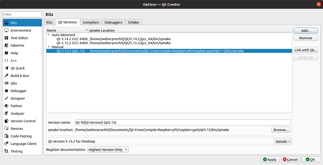 Logiciel embarqué Raspberry Pi - Configurer Qt Creator sur Ubuntu 20 LTS pour la compilation croisée d’une capture d’écran d’un ordinateur