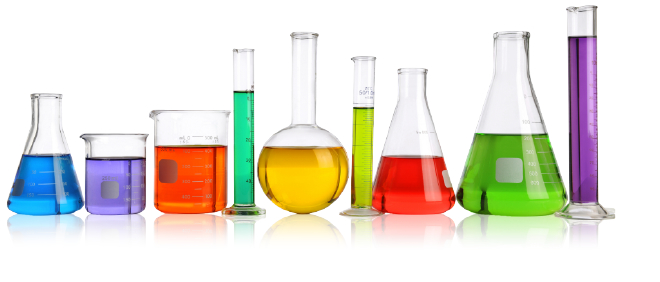 Écran tactile - Résistant aux produits chimiques un groupe de béchers avec des liquides de différentes couleurs