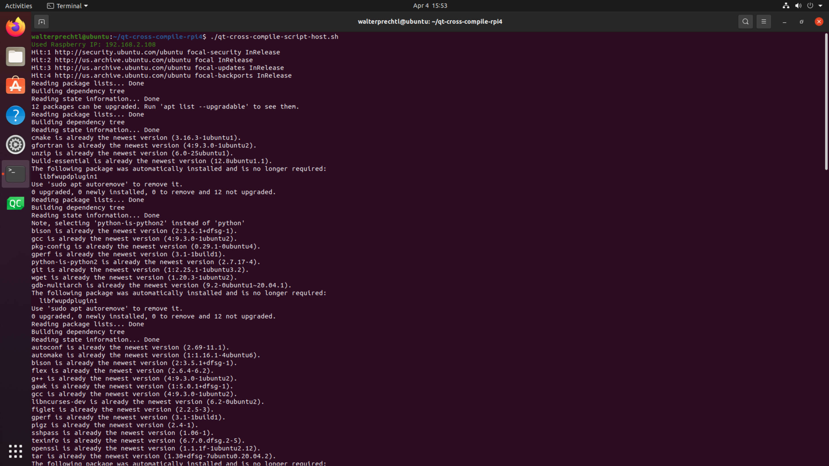 Software embarcado - Qt cross compilar scripts de instalação para Raspberry Pi 4 uma captura de tela de um programa de computador